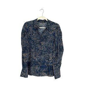 Kobi Halperin Women's Silk Top Button Up Long Sleeve Blue Tan Black Size S